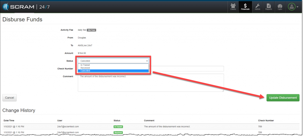 Disburse Funds page with Canceled status highlighted and Updated Disbursement button