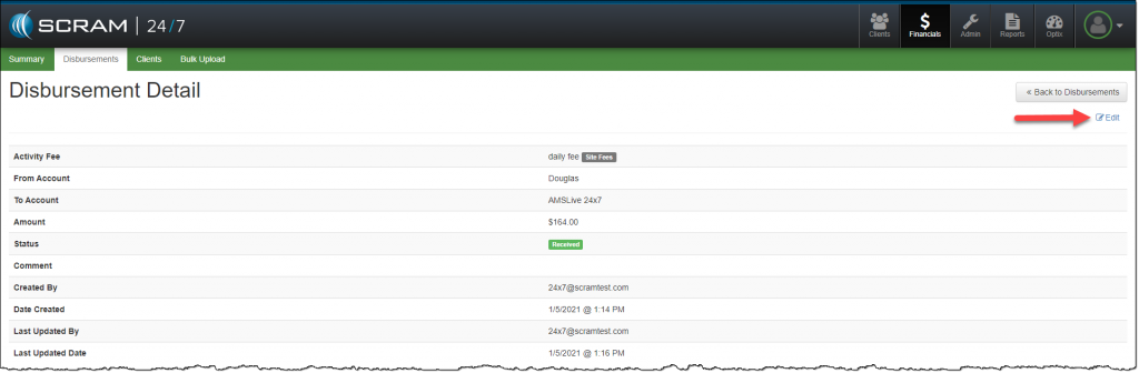 24/7 Disbursement Detail page Edit hyperlink highlighted