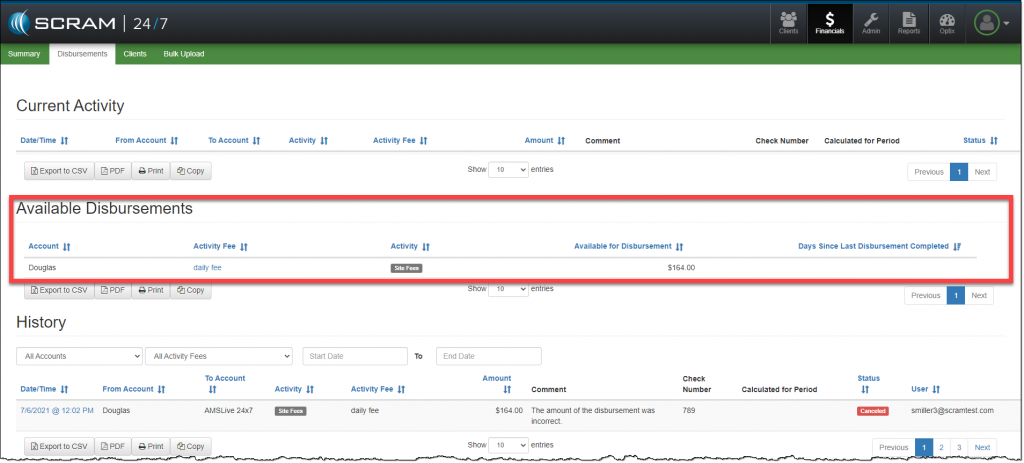 24/7 Disbursements Available Disbursements section highlighted