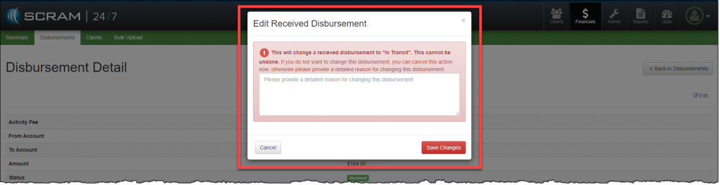 Edit Received Disbursement pop- up highlighted