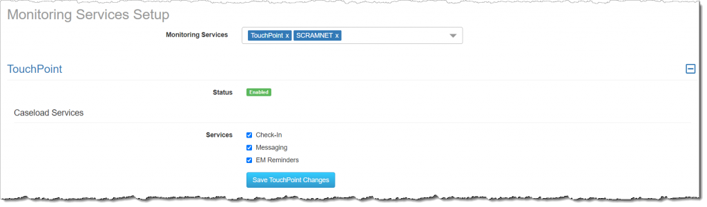 Manage Caseload: adding a new caseload with Touchpoint and SCRAMNET monitoring services selected.