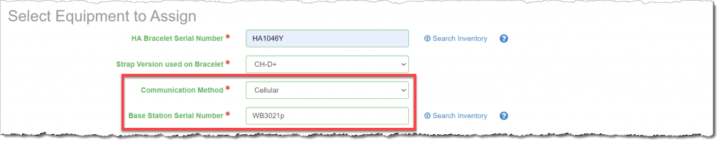 Client Equipment page, select Equipment to assign communication method and base station serial number fields highlighted.