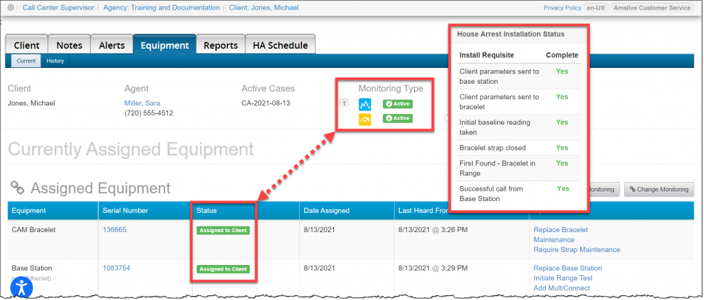 Client Equipment page monitoring type for CAM+HA active and all equipment Assigned to Client.