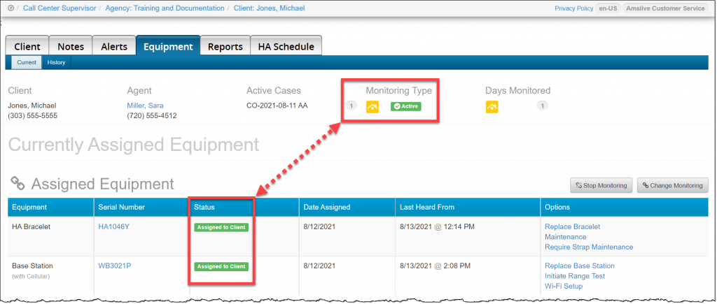 Client Equipment page monitoring type for HA only active and all equipment Assigned to Client.