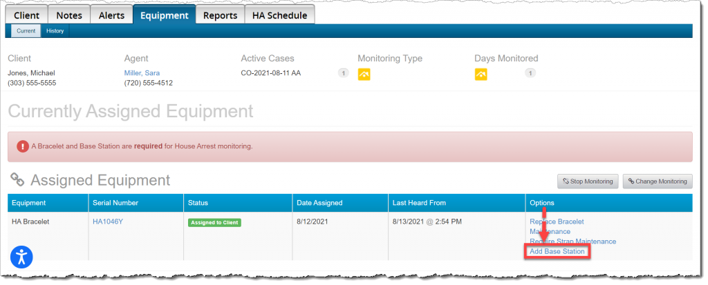 Client Equipment page, Add base station hyperlink under Options column.