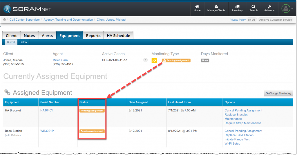 Client Equipment page, equipment for HA only monitoring in Pending Assignment.