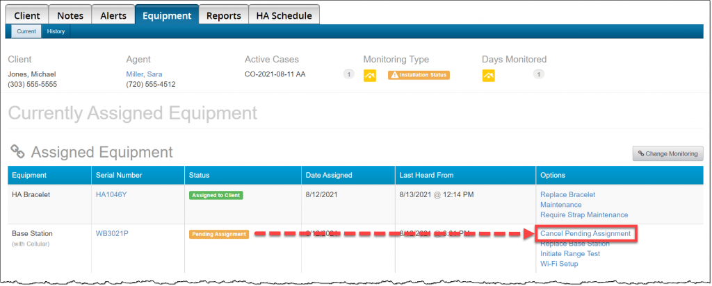 Client Equipment page Cancel Pending Assignment hyperlink under Options column next to Base station information.