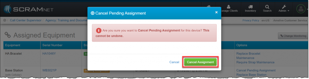 Cancel Pending Assignment pop-up.
