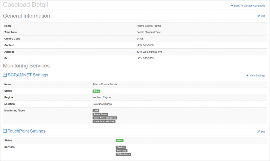 Manage Caseload, Adams County Pretrial Caseload Detail page
