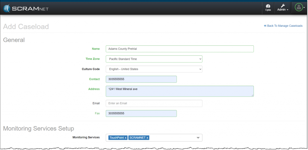 Manage Caseload: adding a new caseload General information added and Touchpoint and SCRAMNET monitoring services selected.
