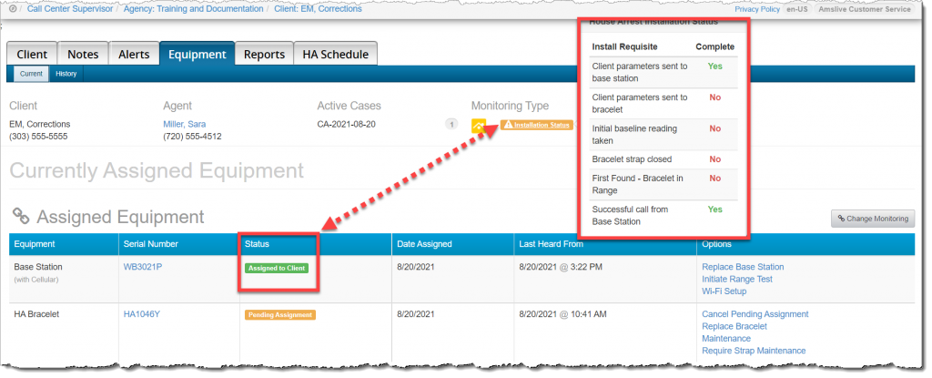 Client's Equipment page. Wireless base station assigned and 2 requisites compete.