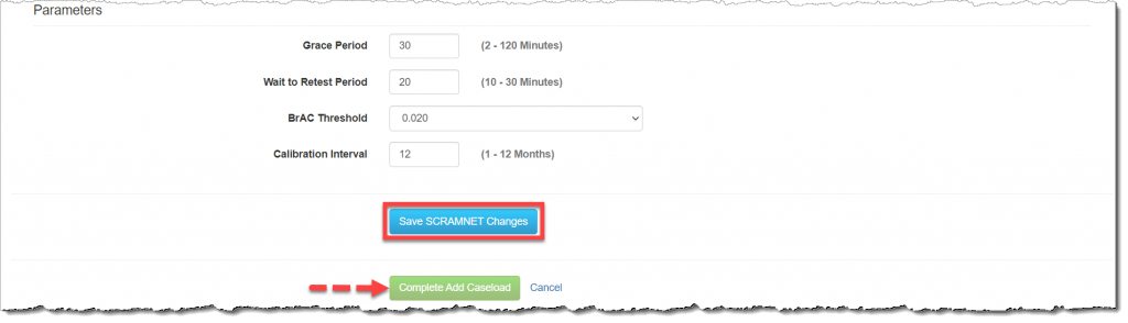 Manage Caseload: Save SCRAMNET caseload changes button and complete Add caseload button.