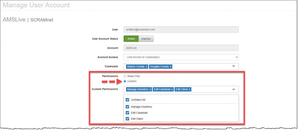Manage User Account page Update Permissions