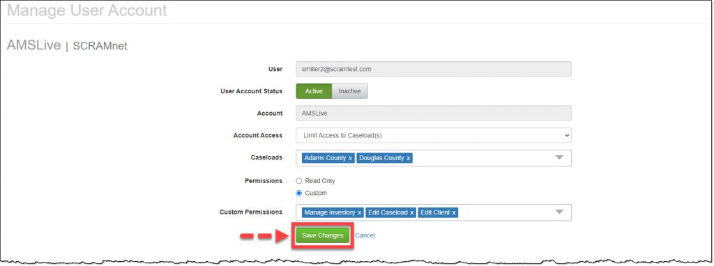 Manage User Account page Save Changes button