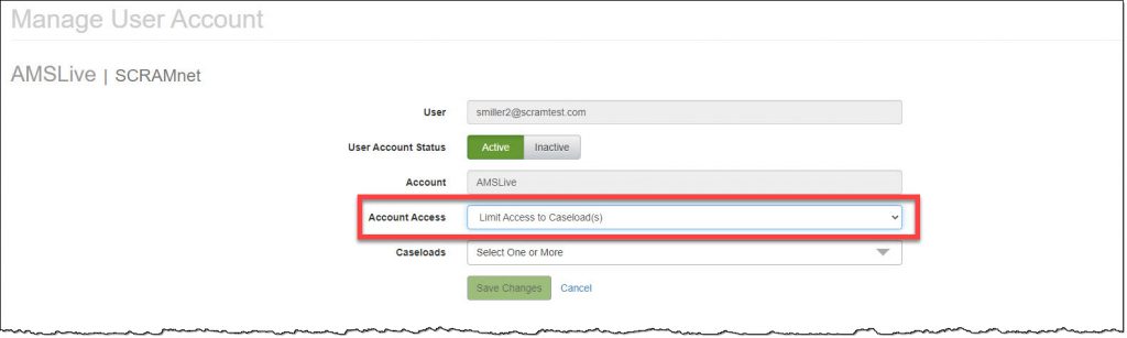 Manage User Account page set Account Access to Limit Access to Caseload(s)button