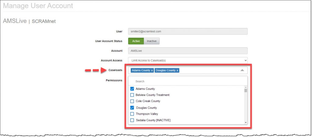 Manage User Account page Add caseloads to client profile