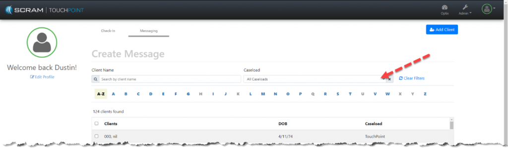 image of caseload dropdown to select specific caseload of clients to message.