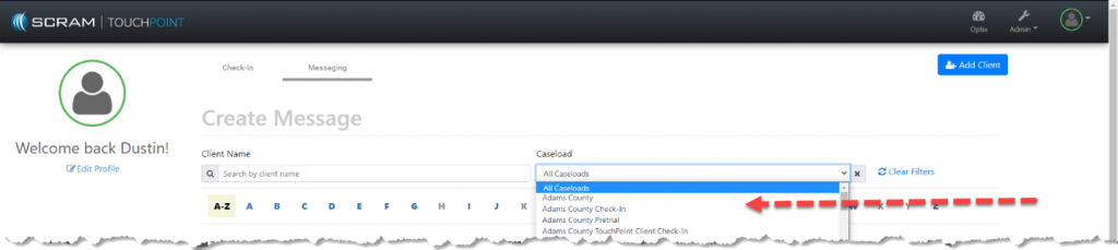 image of available caseload selections to choose from. Select one caseload to filter client list.