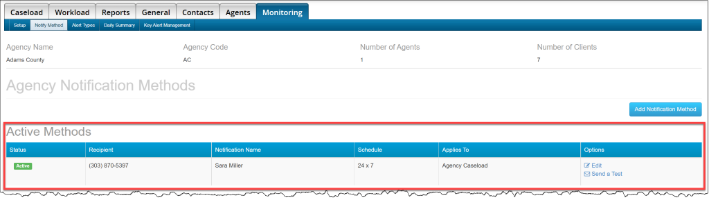Caseload - Monitoring tab - Notify Method, recipient Active