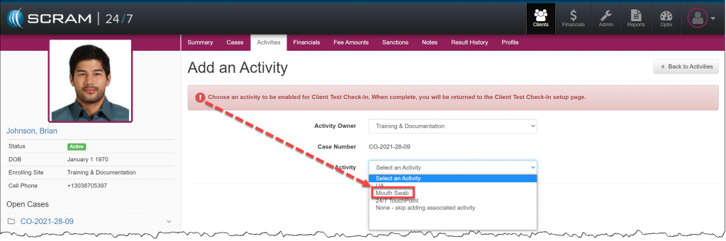 Add activity page with activity menu expanded