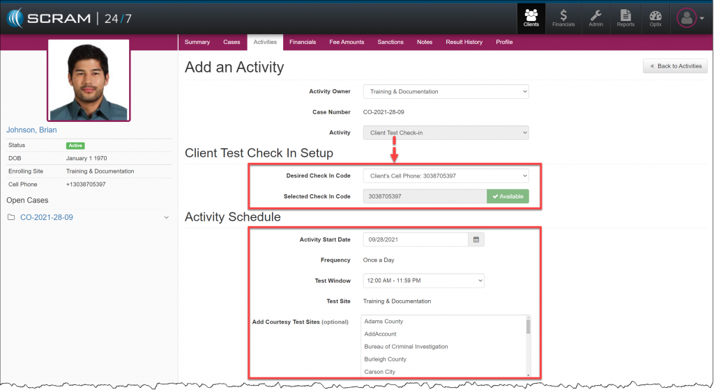 Add Client Test Check-In activity page