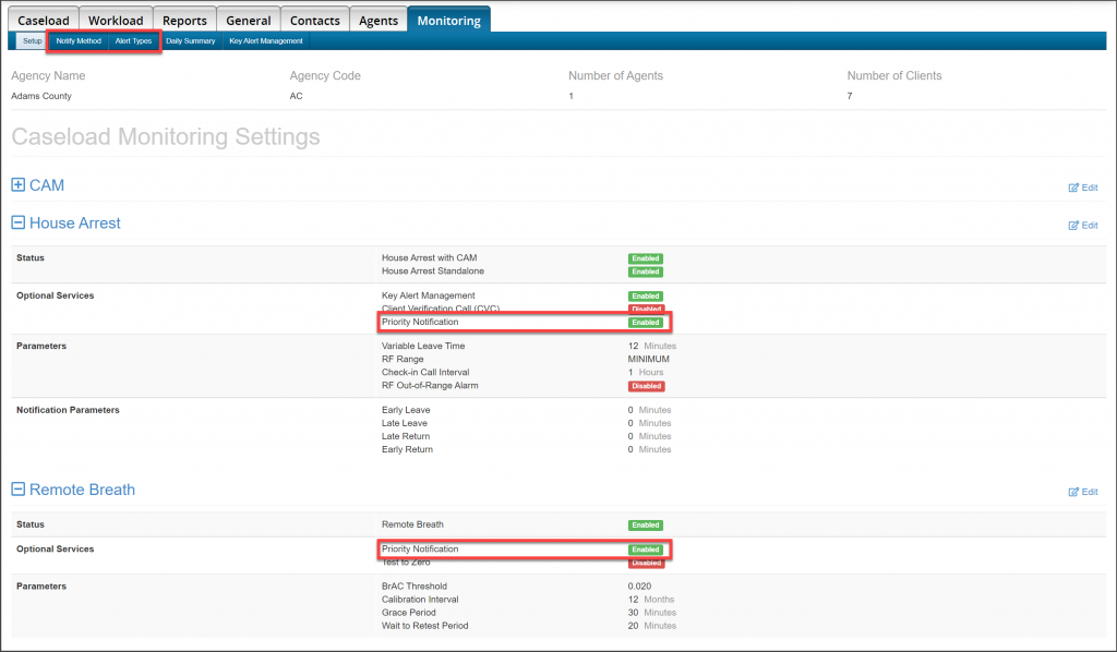 Caseload - Monitoring tab - Setup sub-tab