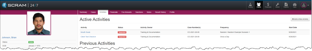 Client Activities page, activities suspended