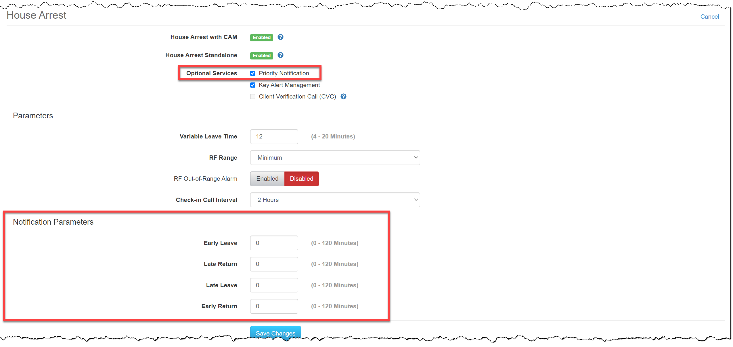 House Arrest setup information for Priority Notification