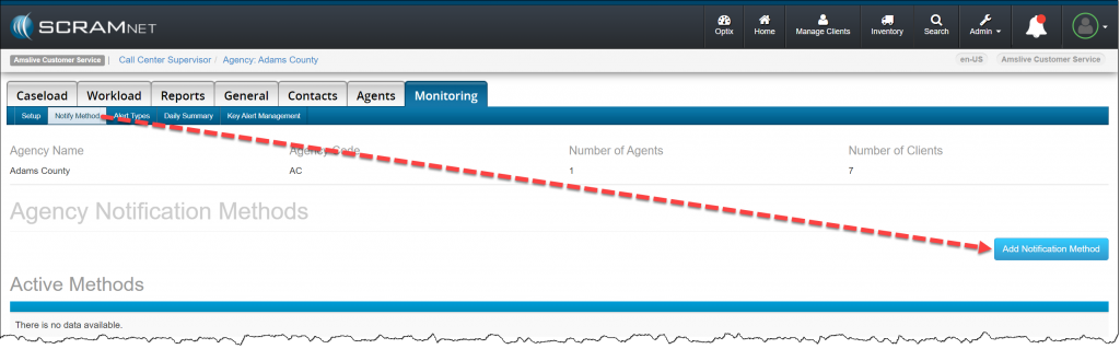 Caseload - Monitoring tab - Notify Method sub-tab
