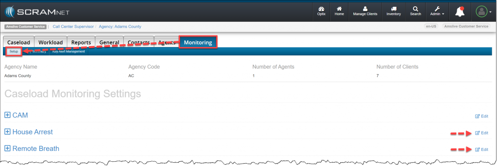 Caseload - Monitoring tab - Setup sub-tab