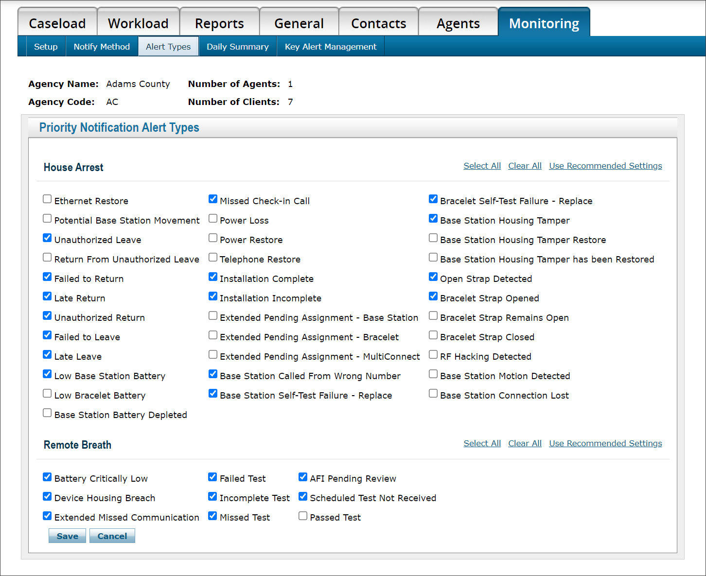 Caseload - Monitoring tab - Alert Types sub-tab