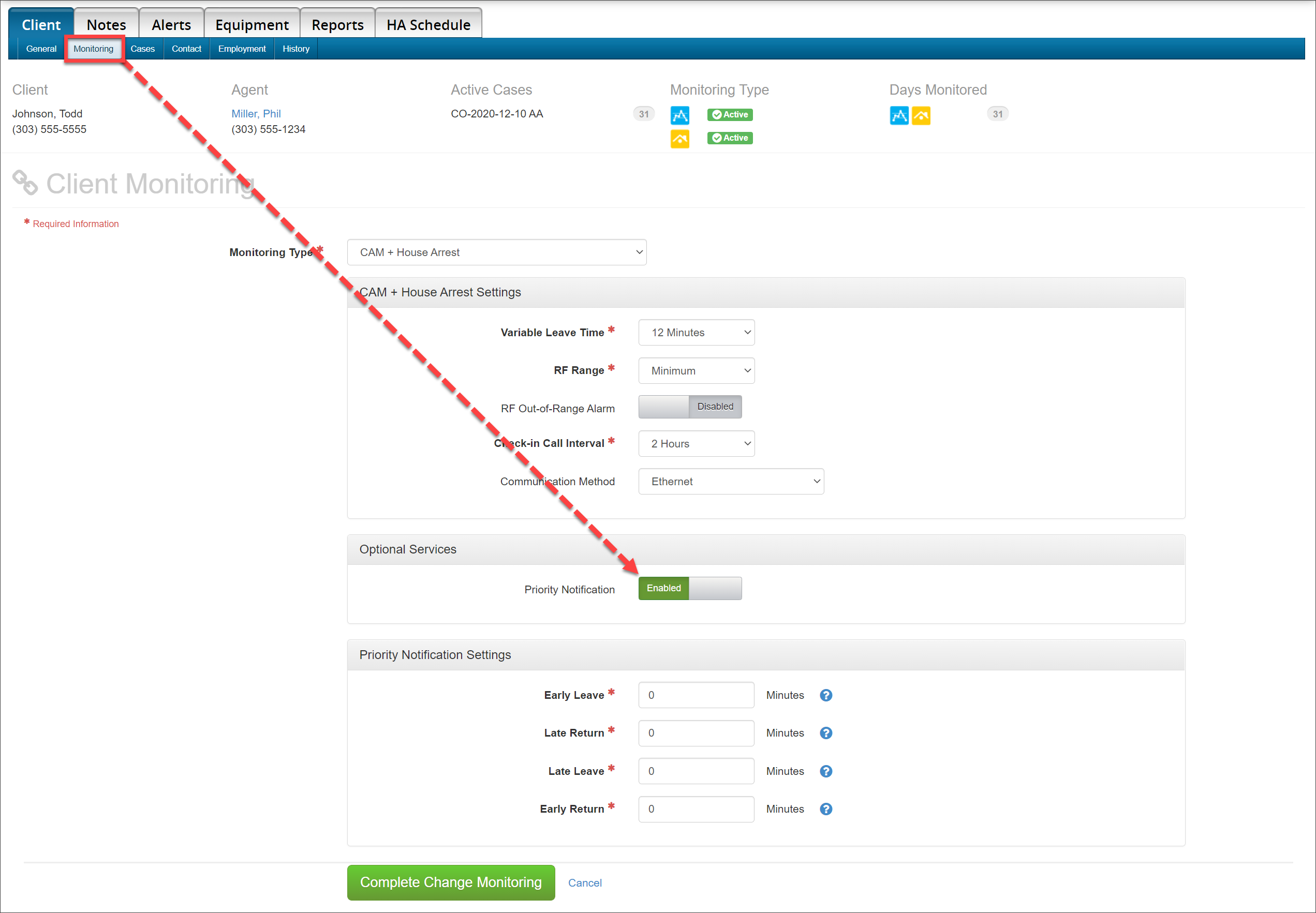 Client Monitoring page Priority Notification enabled
