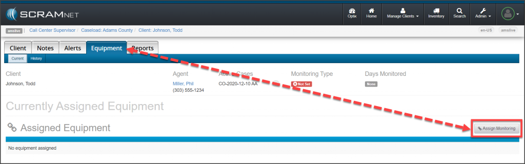 Client's Equipment Page Assign Monitoring button