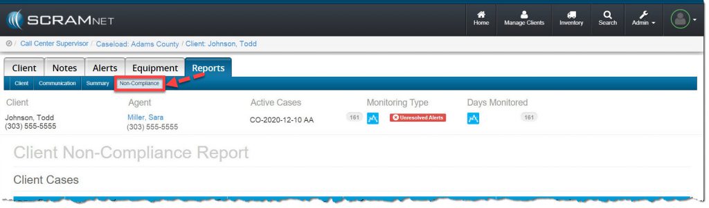 Client Report tab Non-Compliance subtab highlighted