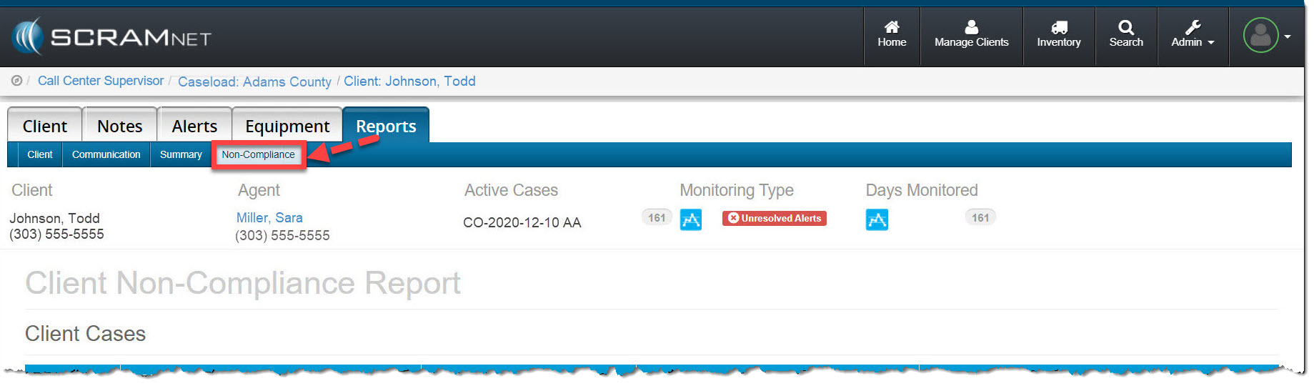 Client Report tab Non-Compliance subtab highlighted