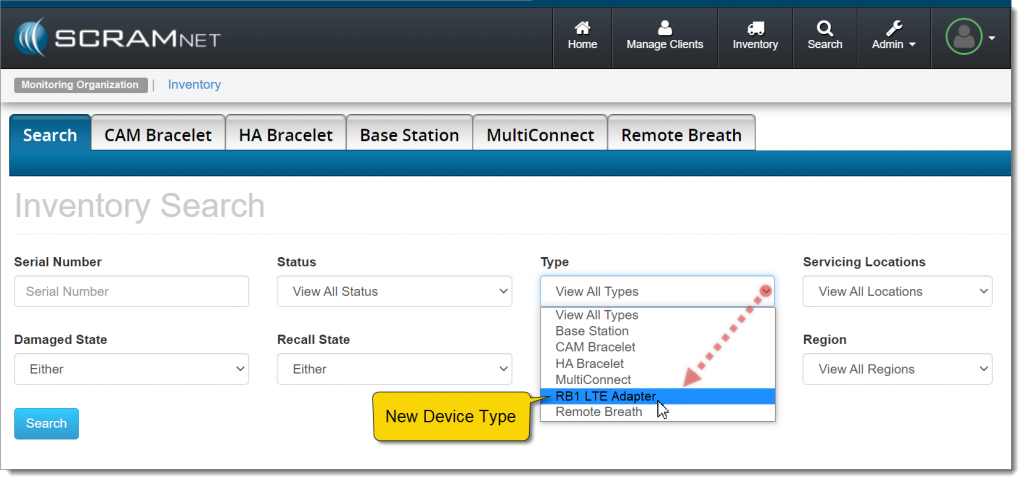 The new RB1 LTE Adapter option appears in the Type dropdown menu on the Inventory Search page in SCRAMNET