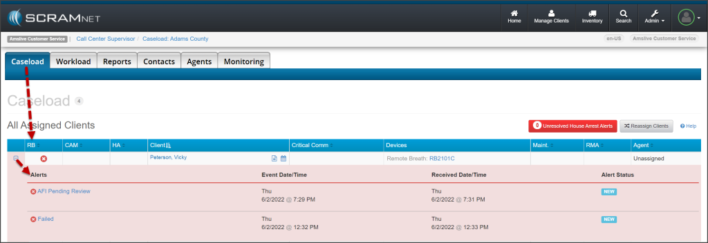 Caseload page, RB alerts expanded