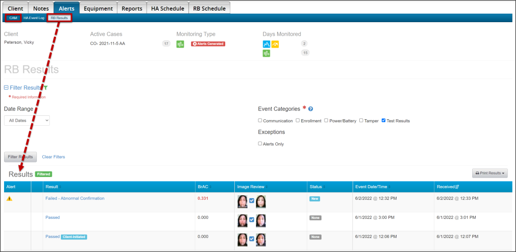 Client Alerts tab, RB Results sub-tab