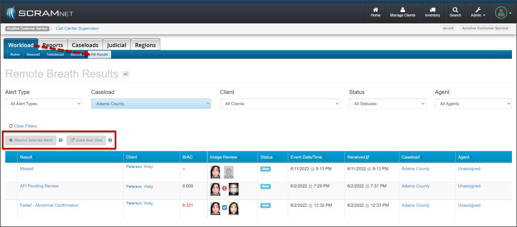 Workload page, RB Results sub-tab