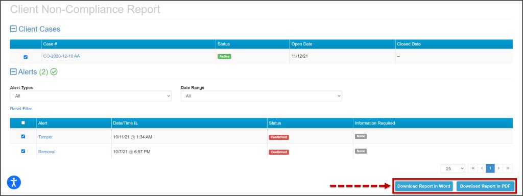 Client Non-compliance page