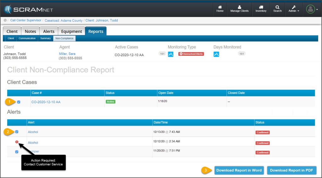 Client's Non-compliance reports page