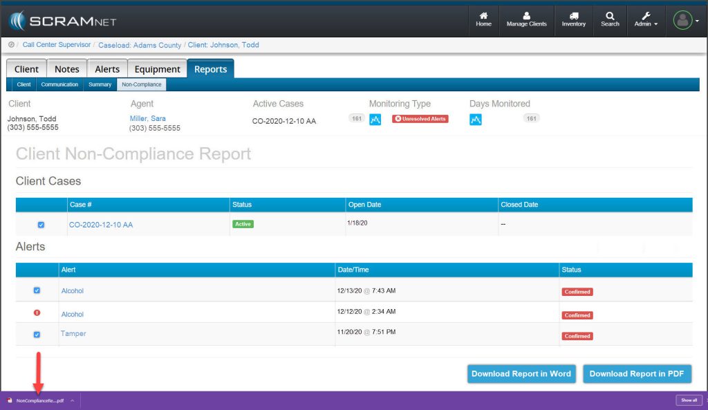 Client's Non-compliance reports page