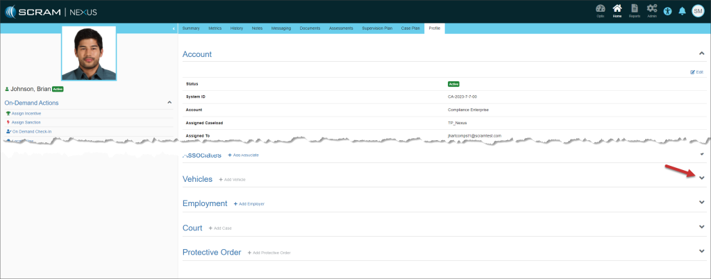 Nexus Client profile Page, Vehicles section
