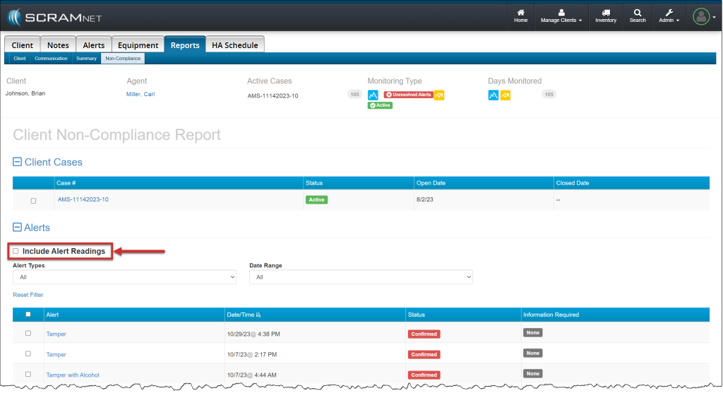 SCRAMNET Client Reports Tab.