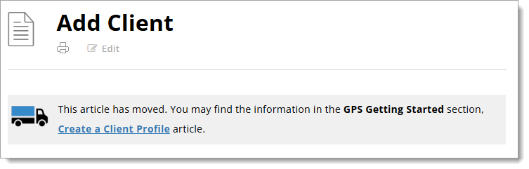 An example of the moving truck icon followed by a description of where the article has moved and a hyperlink to the article.